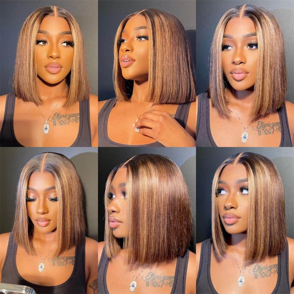 Honey Blonde Highlight P4/27 Bob Wig Human Hair 13x4 HD Lace Frontal Wig Ombre Brown 230% Density