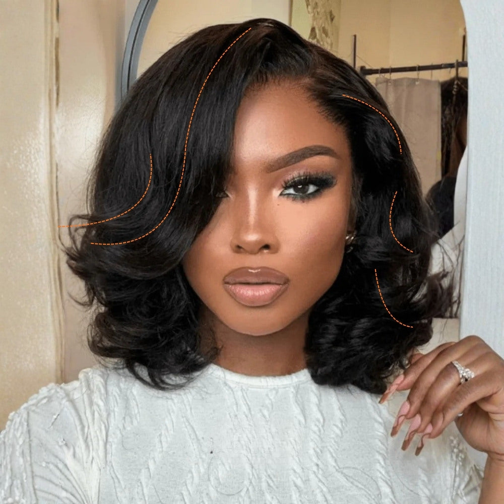 Glueless 8x5/13x6 Loose Body Wave Bob Pre Cut Lace Front Wig Feathered Hairstyles With Layered Haircuts