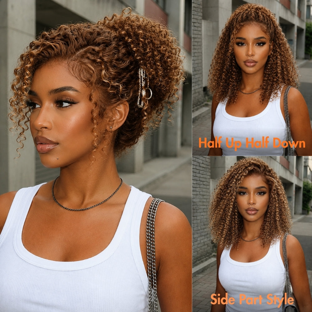 4/27 Honey Blonde Highlight 180%/220% Density 360 Lace Kinky Curly Wig With 4C Edges Human Hair Baby Hair