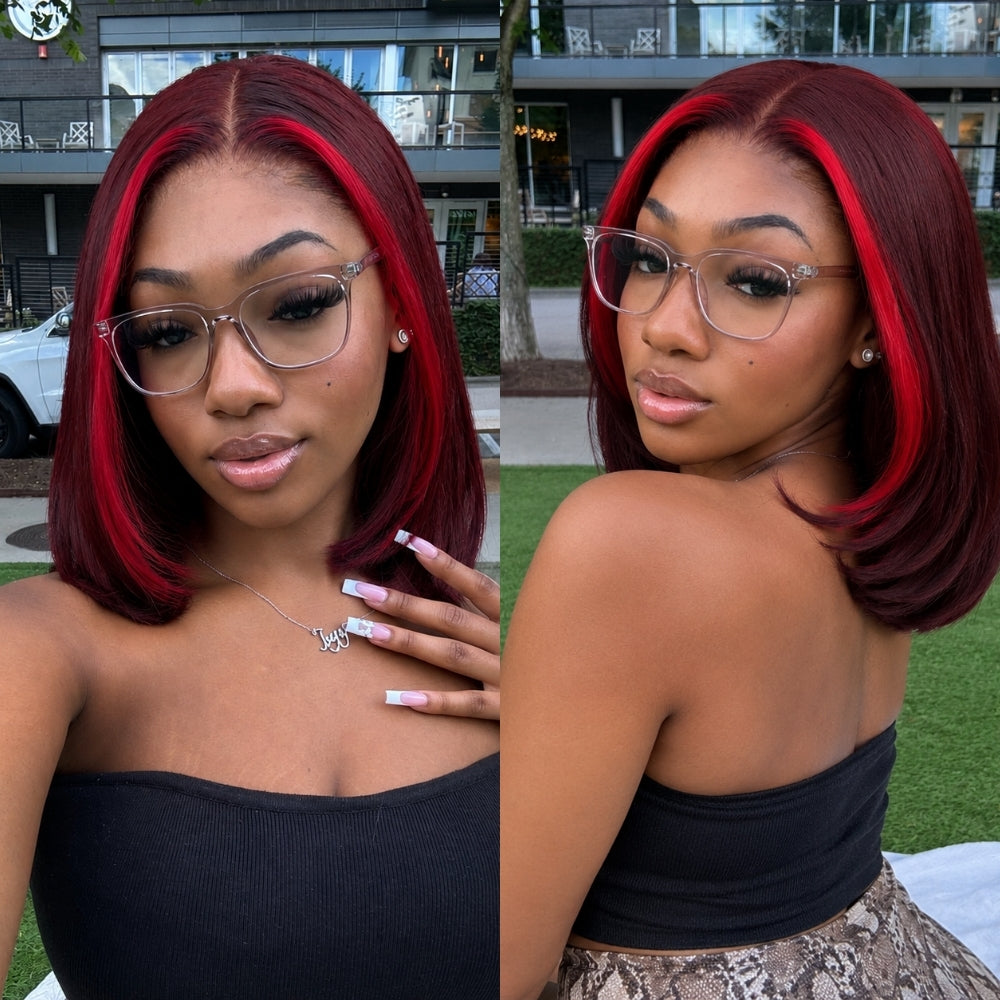 Highlight Red 99J Burgundy 5x5 Pre Cut Straight Glueless Short Bob Lace Wig With Invisi Drawstring Flash Sale