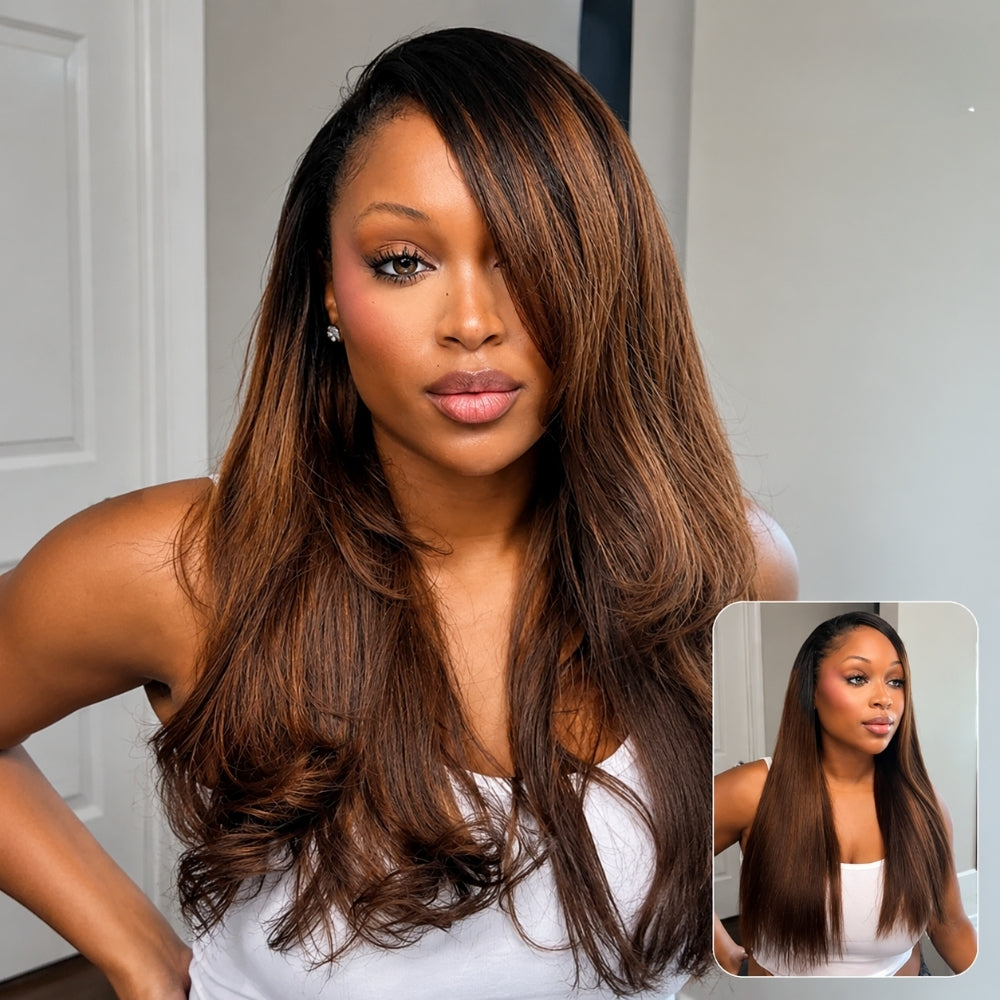 3 In 1 Half Wig | Black To Brown Ombre Straight No Glue Needed Install Flip Over Half Wig With Adjustable Drawstring
