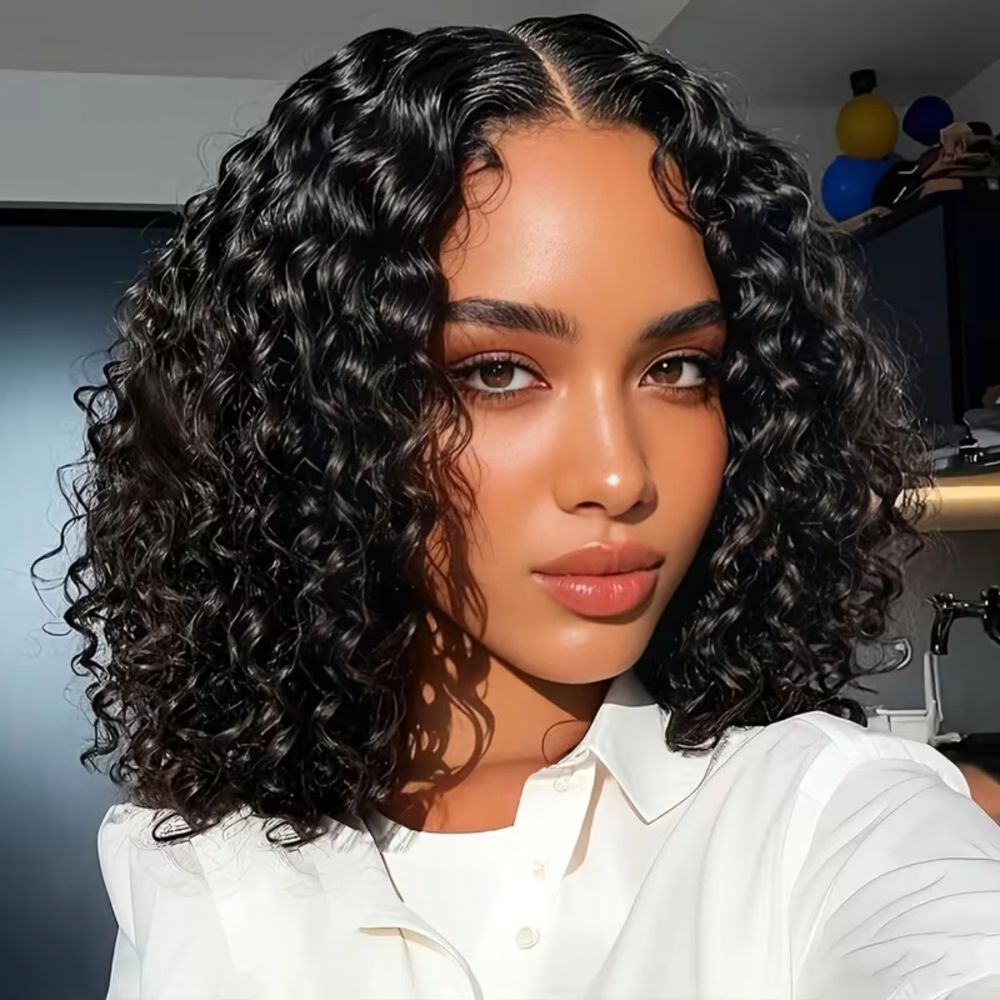 Water Wave Short Bob Natural Black 5x5 Lace Human Hair Wig Pre Plucked Flash Sale
