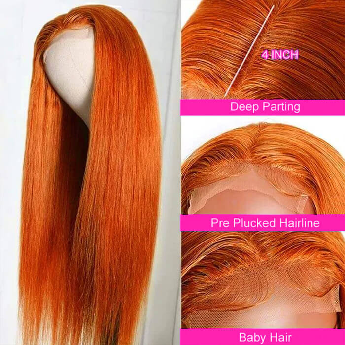 Ginger Orange Color Straight Hair 4x4 5x5 Lace Closure Wigs Preplucked 100% Human Hair Wigs-Pizazz Hair