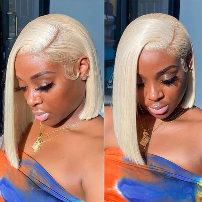 Short 613 Blonde Bob Wig Pre Plucked Bone Straight Human Hair Lace Frontal Wig