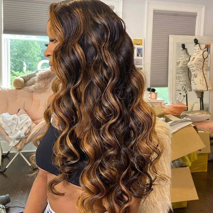 Glueless Hd Lace Wig Dark Brown with Blonde Highlights Body Wave