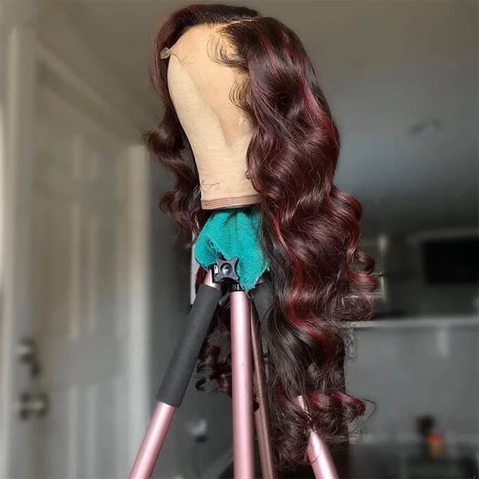 Black Wig With 99J Burgundy Highlight Mixed Colored 13*4 HD Lace Front Human Hair Wigs 180% Density