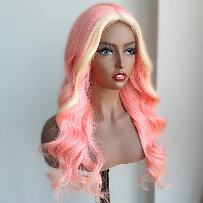 Pink & Blonde Skunk Stripe Color Wig 13*4 HD Lace Front Human Hair Wigs