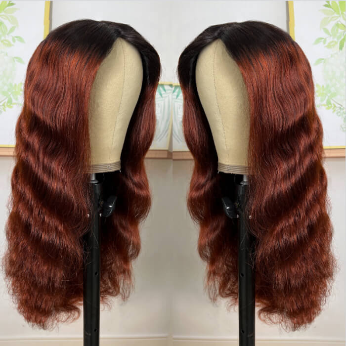 Ombre Color Wigs Reddish Brown Body Wave Human Hair Wigs With Dark Roots 5x5 13x4 13x6 HD Lace Front Wigs with Pre Plucked Hairline