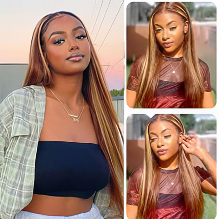 Honey Blonde 4/27 Highlight Lace Front Wigs Straight Hair 100% Human Hair Wigs