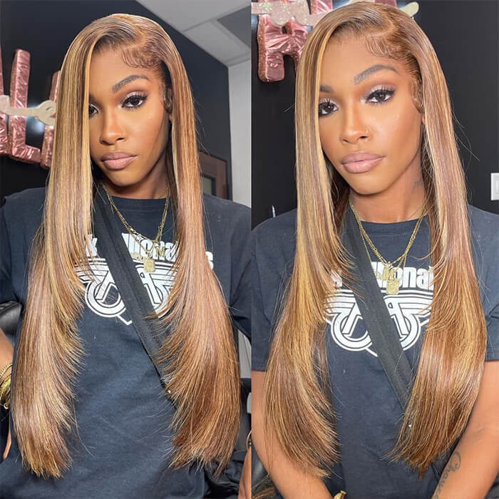 Honey Blonde 4/27 Highlight Lace Front Wigs Straight Hair 100% Human Hair Wigs