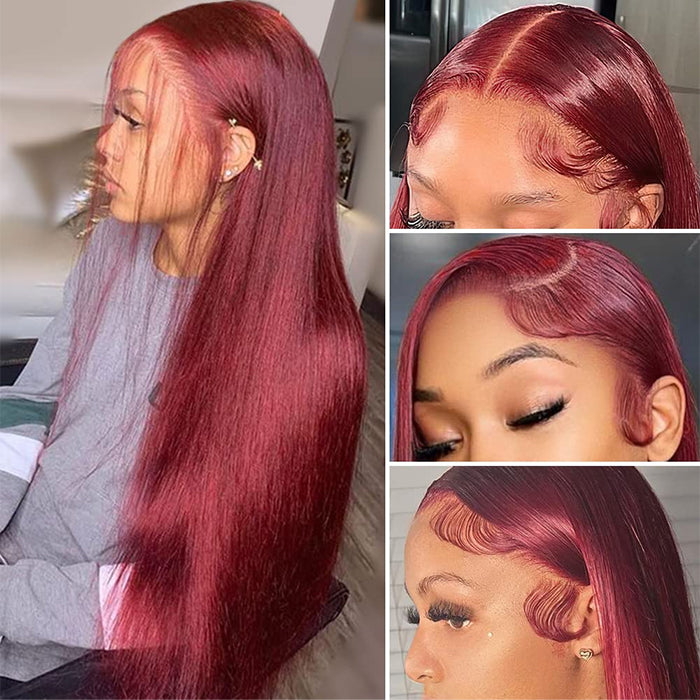Pizazz 13x6 99j Burgundy Lace Front Wigs Human Hair Pre Plucked HD Straight Lace Front Wigs Human hair Glueless 30 Inch Red Wig