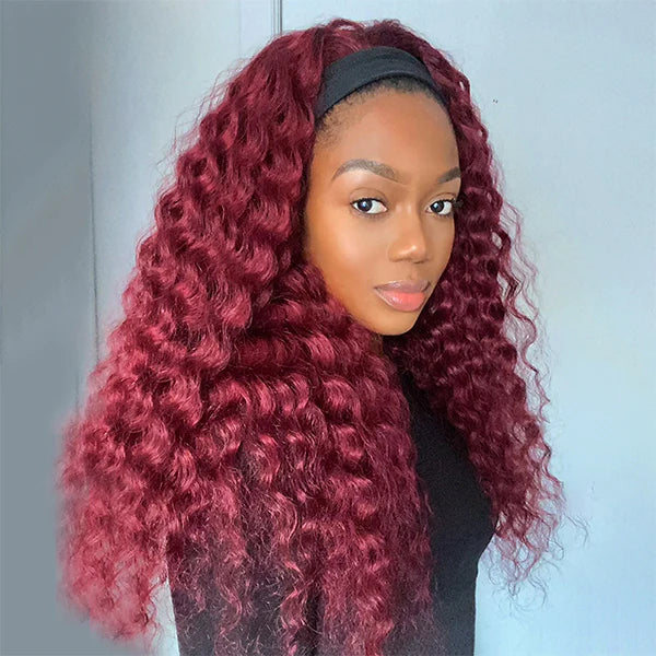 99J Burgundy Color Headband Wigs Deep Wave Human Hair