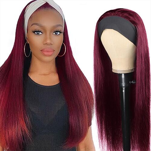 99J Burgundy Color Headband Wigs Straight Human Hair