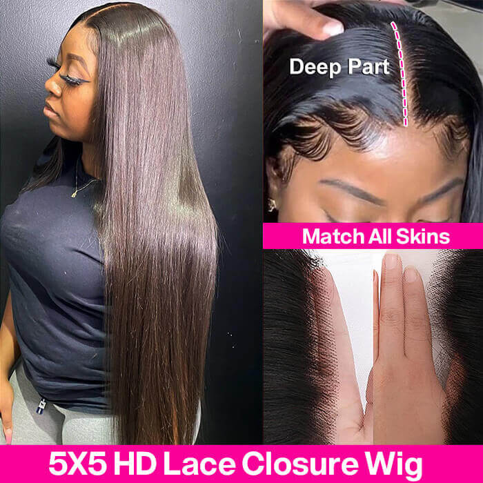 5x5 HD Invisible Lace Closure Wigs Straight Hair Glueless Human Hair Wigs