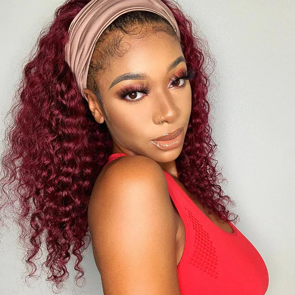 99J Burgundy Color Headband Wigs Deep Wave Human Hair