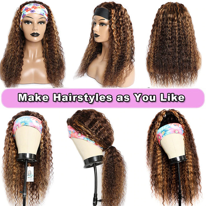 #4/27 Mix Color Highlights Curly Headband Wigs 100% Virgin Human Hair