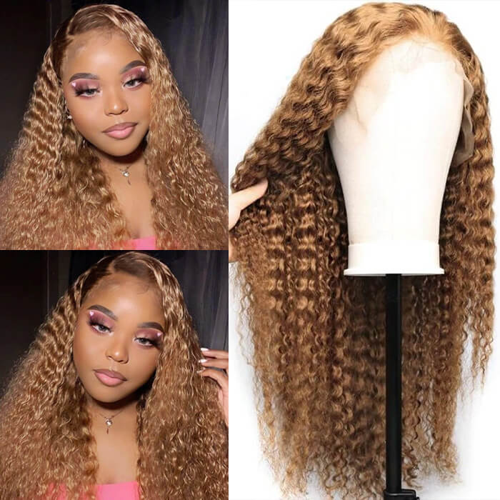 Honey Blonde #27 Colored Curly Human Hair Wigs 5*5 HD Lace Closure Wigs
