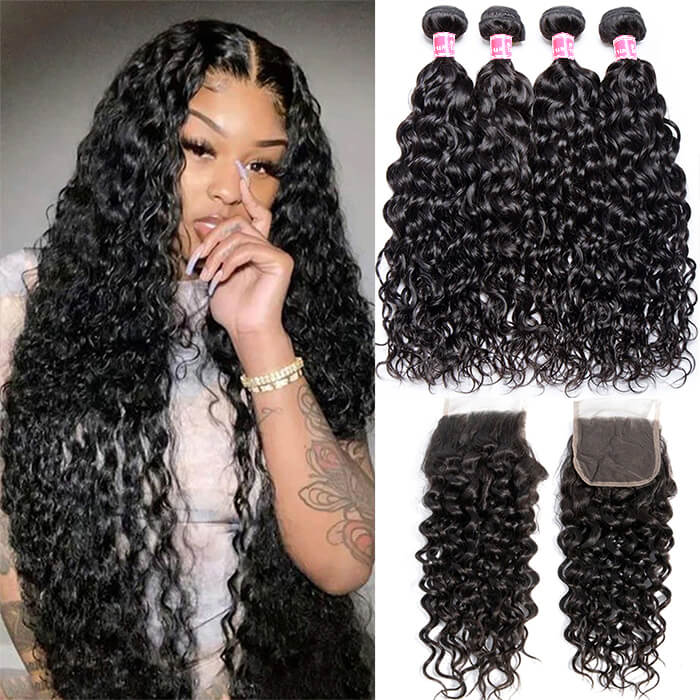 Brazilian Water Wave Human Hair 3/4 Bundles with 4x4 Swiss Lace Closure