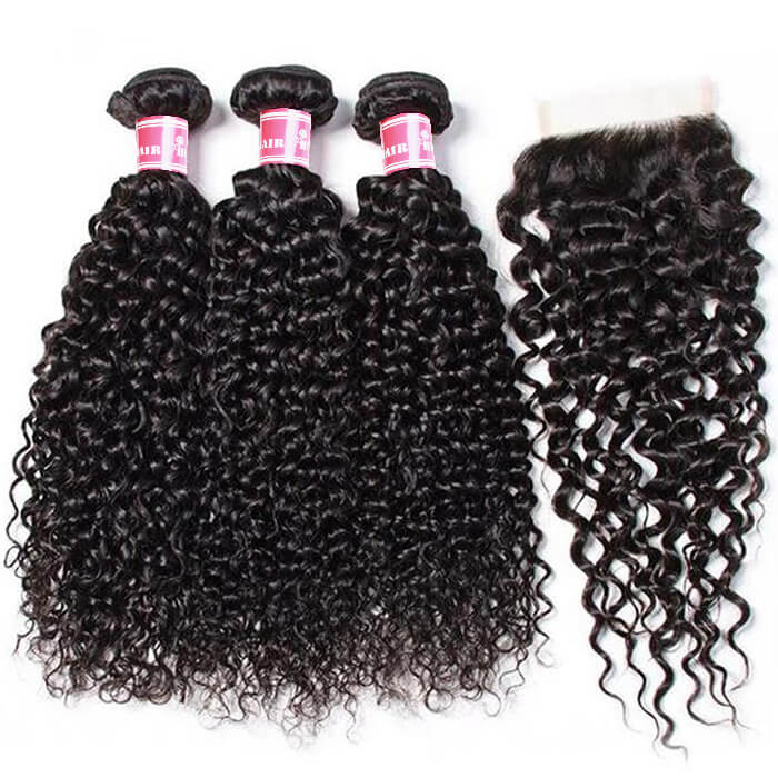 Brazilian Virgin Curly Hair 3 Bundles With 4*4 Lace Closure, Unprocessed Human Hair Extension