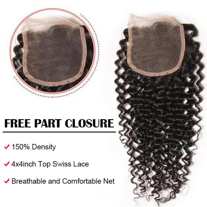 Peruvian 100% Human Hair Virgin Curly Hair 3/4 Bundles with 4*4 Lace Closure On Sale