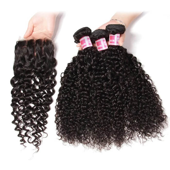 Peruvian 100% Human Hair Virgin Curly Hair 3/4 Bundles with 4*4 Lace Closure On Sale