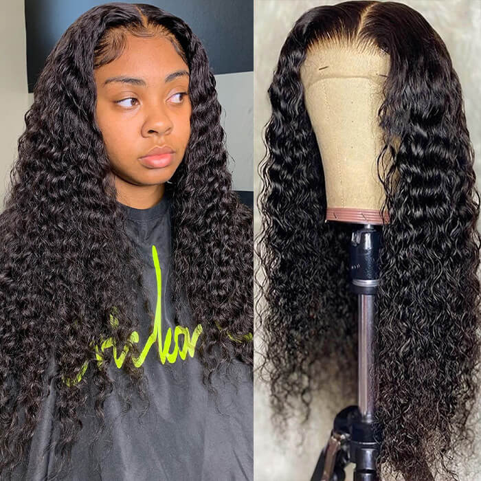 Deep Wave 4*4 HD Transparent Lace Closure Wigs Affordable Human Hair Wigs