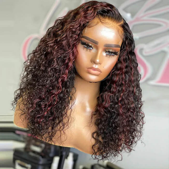 Black Wig With 99J Burgundy Highlight Mixed Colored 13*4 HD Lace Front Human Hair Wigs 180% Density
