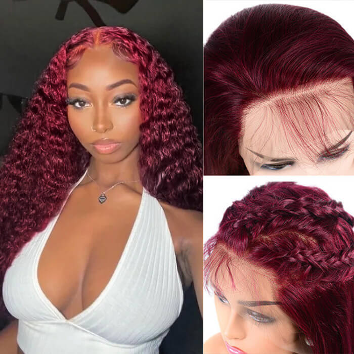 Color 99j Burgundy Deep Wave Human Hair Wigs Pre Colored HD Lace Front Wigs