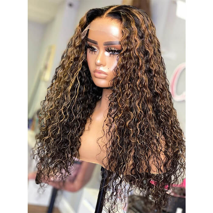 Water Wave Wig Natural Hair Color with Caramel Blonde Highlights Lace Front Wigs
