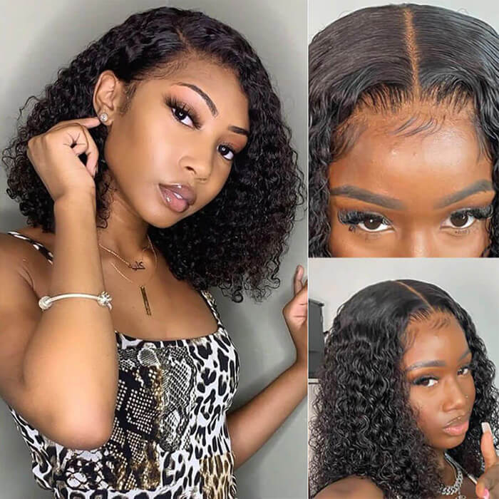 Short Curly Human Hair Bob Wigs Pre Plucked Glueless HD Lace Front Wigs for Women