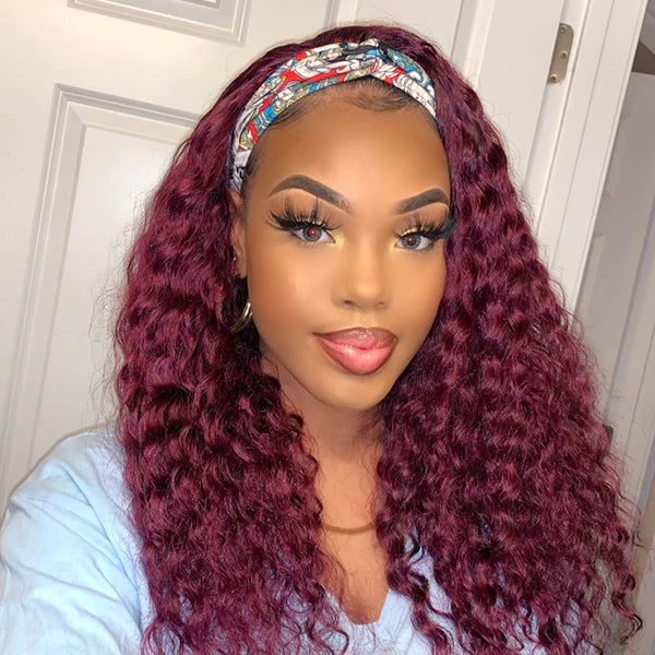99J Burgundy Color Headband Wigs Deep Wave Human Hair