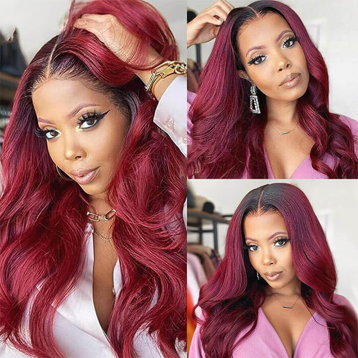 T1B/99J Ombre Color Human Hair Wigs Straight and Body Wave 13x4 HD Lace Front Wigs For Women