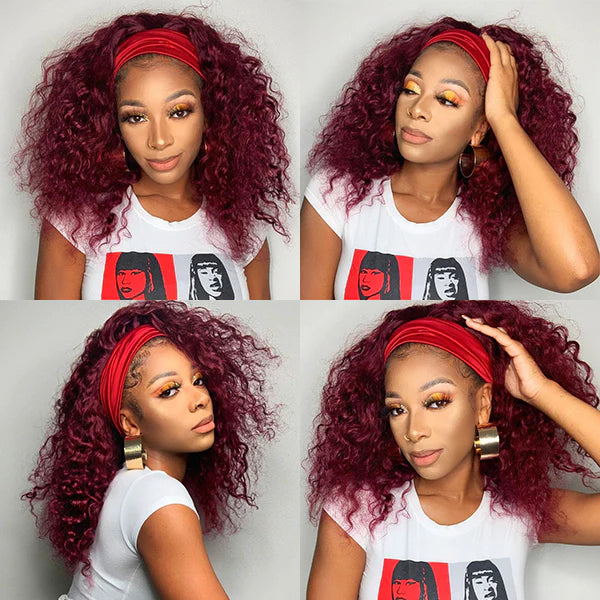 99J Burgundy Color Headband Wigs Deep Wave Human Hair