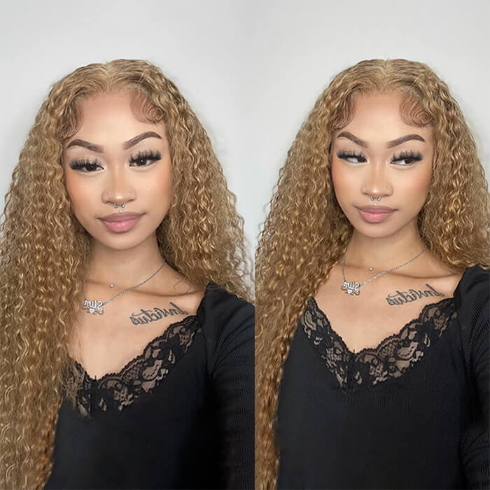 Honey Blonde #27 Colored Curly Human Hair Wigs 5*5 HD Lace Closure Wigs