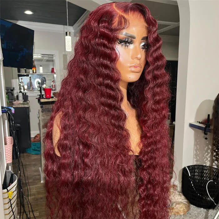 Loose Crimps Wave 99j Burgundy Lace Front Wig 13x4 13x6 HD Lace Human Hair Wigs
