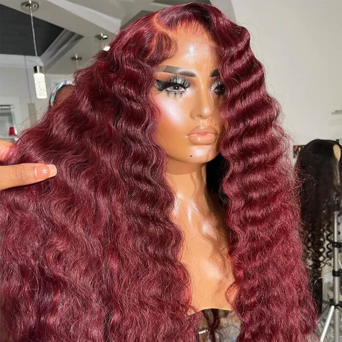 Loose Crimps Wave 99j Burgundy Lace Front Wig 13x4 13x6 HD Lace Human Hair Wigs