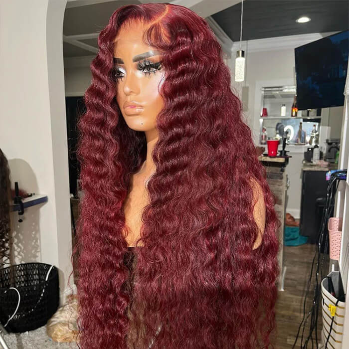 Loose Crimps Wave 99j Burgundy Lace Front Wig 13x4 13x6 HD Lace Human Hair Wigs