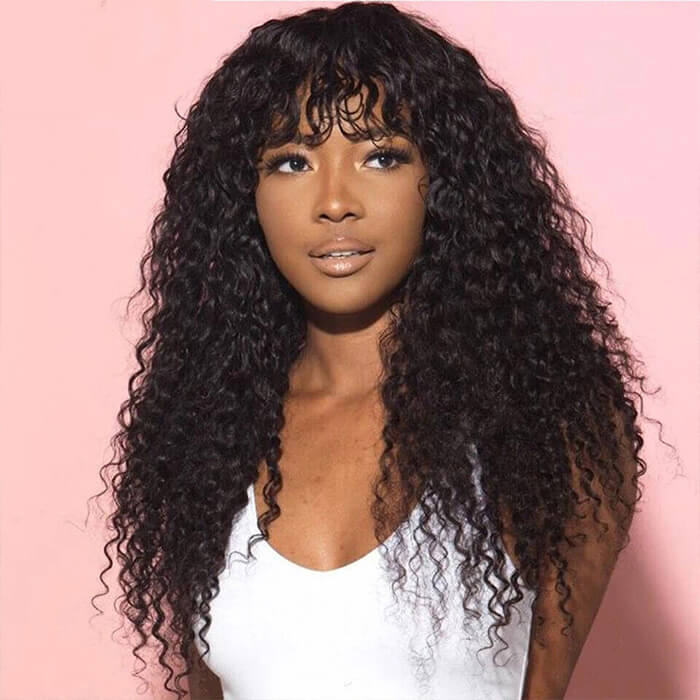 Curly Human Hair Wig with Bangs