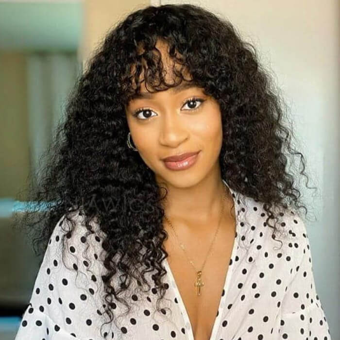 Curly Human Hair Wig with Bangs