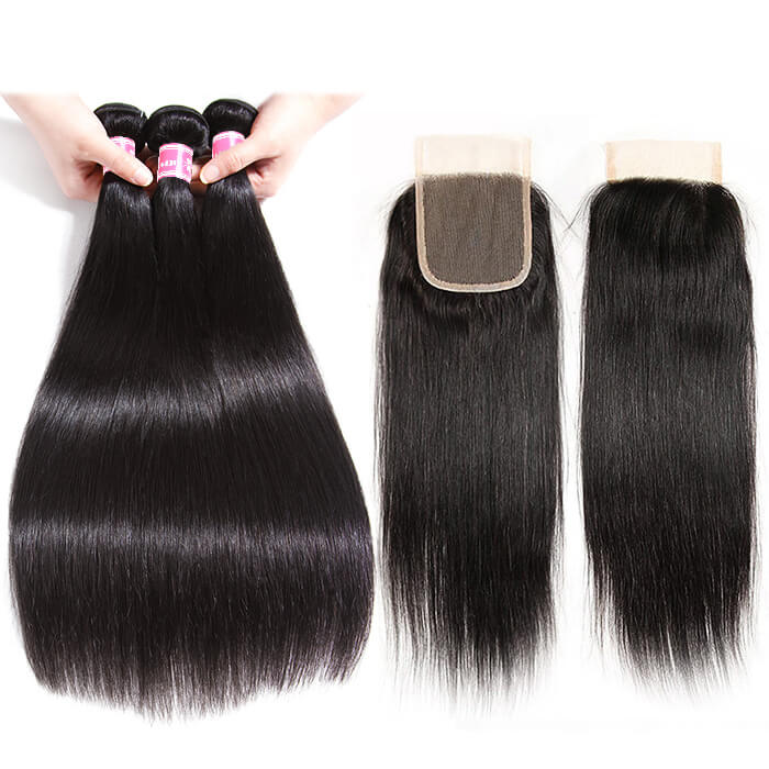 Bone Straight Virgin Hair 3 Bundles with 4x4 Transparent Lace Closure Pre Plucked