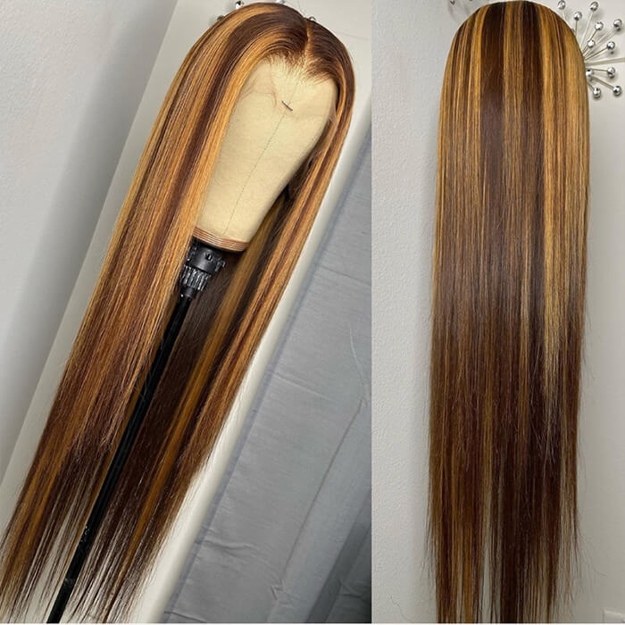 Honey Blonde 4/27 Highlight Lace Front Wigs Straight Hair 100% Human Hair Wigs