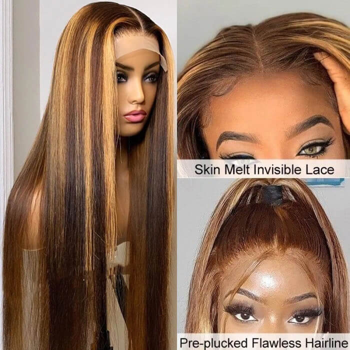 Honey Blonde 4/27 Highlight Lace Front Wigs Straight Hair 100% Human Hair Wigs