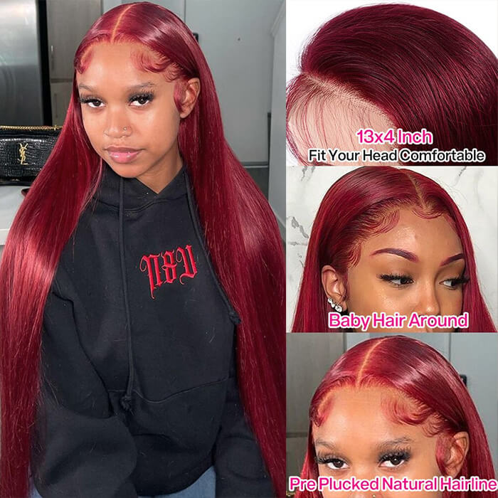 Pizazz 99j Burgundy Lace Front Wigs Human Hair 28Inch 13x6 Burgundy Wig Human Hair 250% Density Brazilian Virgin Straight Human Hair Wigs