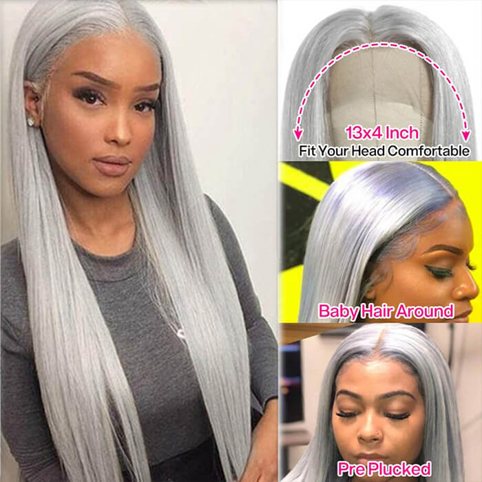 Silver Grey Color Wig Straight Human Hair 13x4 HD Lace Front Wigs For Women
