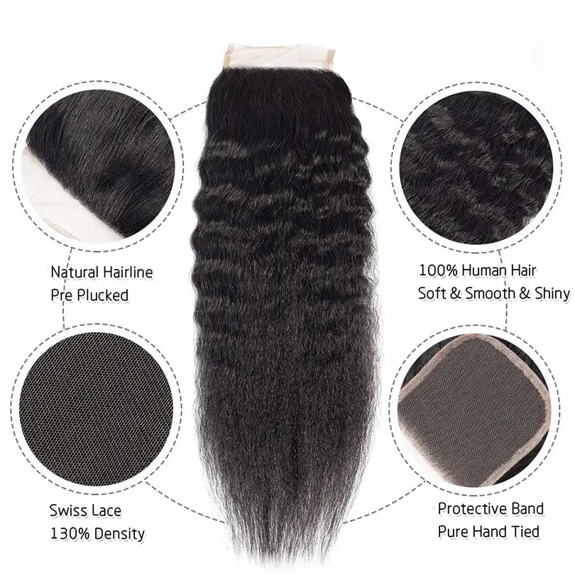 Kinky Straight 3 Bundles Hair Weft With 4x4 Lace Closure Virgin Human Hair