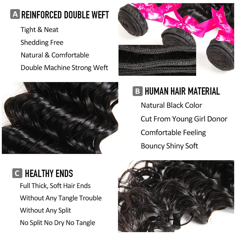 Deep Wave 3 Bundles Hair Weft With 4x4 Lace Closure Virgin Human Hair