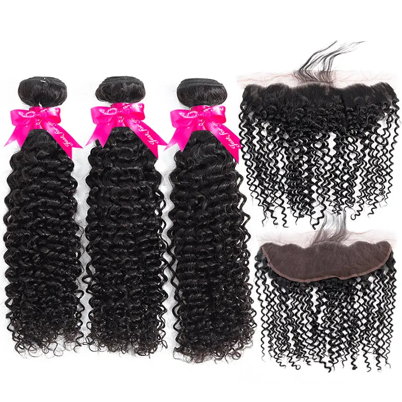 Curly 3 Bundles Virgin Human Hair Weft With 13x4 Frontal Closure