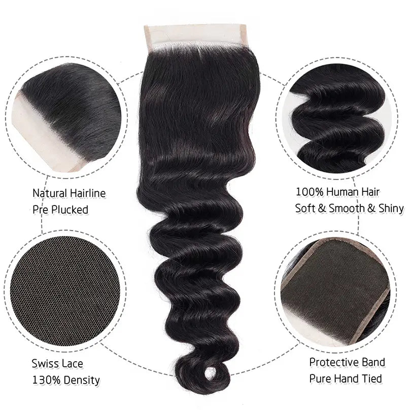 Loose Deep 3 Bundles Hair Weft With 4x4 Lace Closure Virgin Human Hair