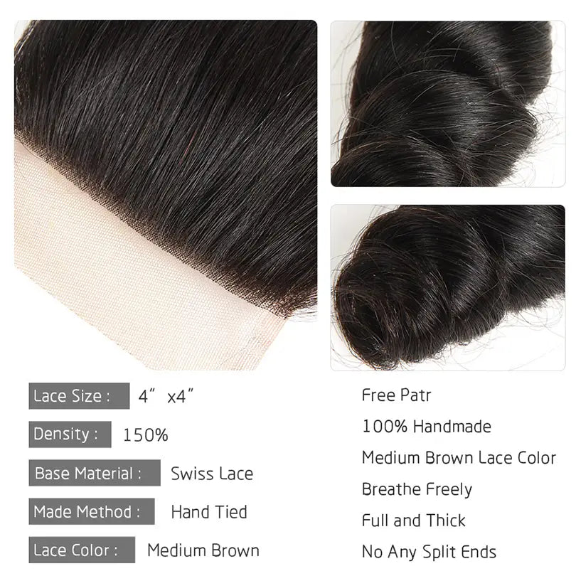 Loose Wave 3 Bundles With 4x4 Lace Closure