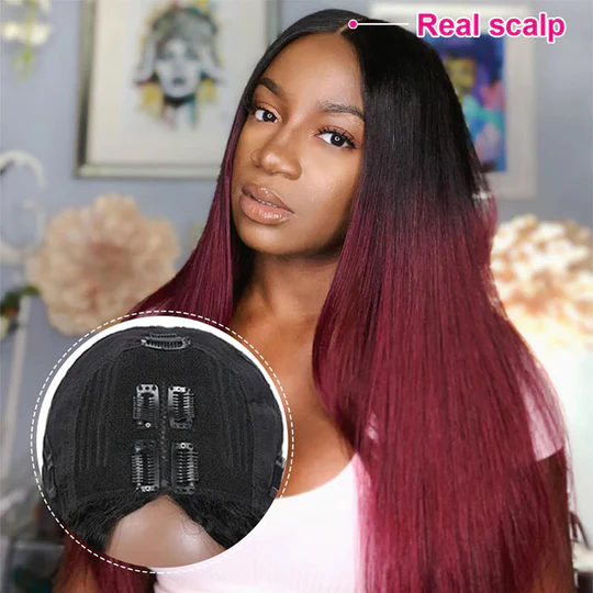 Ombre Burgundy Color V Part Wigs